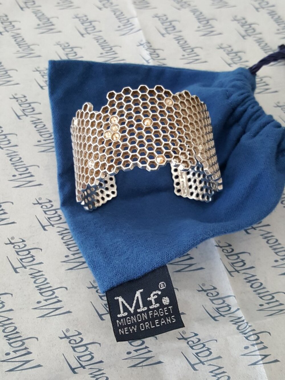 RARE Mignon Faget Hive Jeweled Wide Open Cuff Bracelet 925 Sterling Silver - Picture 6 of 14